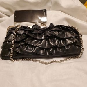 Daisy Fuentes Black Goth Ruffled Clutch Gold-tone Chain Party Handbag Purse
